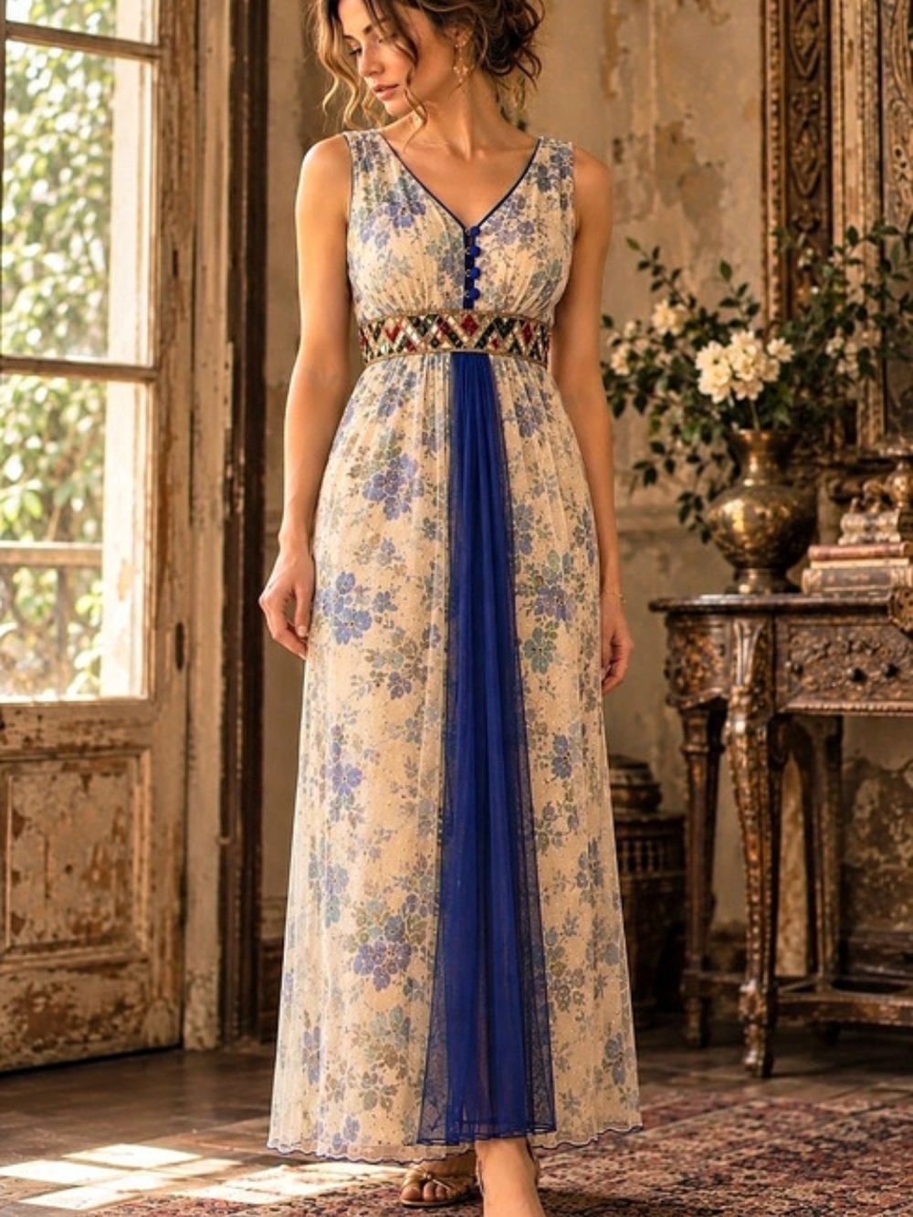 Vintage Floral Net Midi/maxi Dress Embroidered Mirror Work Boho Formal Gown